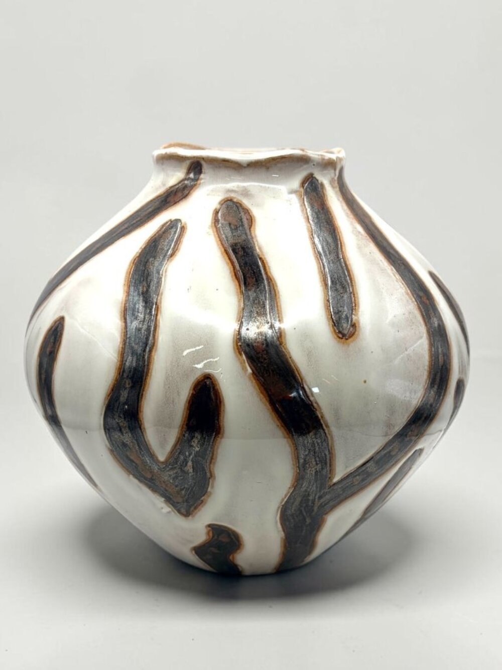 Large Round Ceramic Vase Cream Black Brown Abstract Glaze 10"